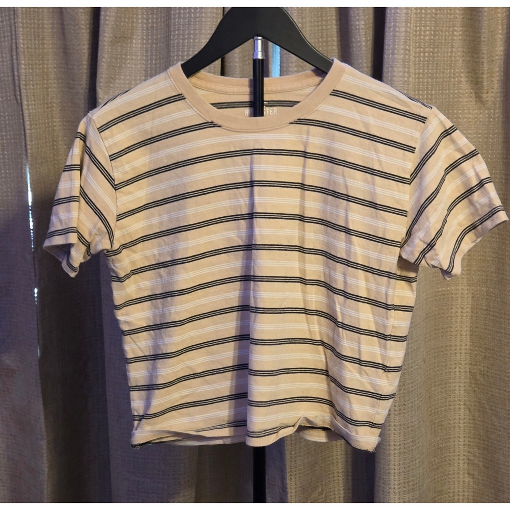 Hollister 100% Cotton Striped Classic T-Shirt Womens Size Small Tan Black White